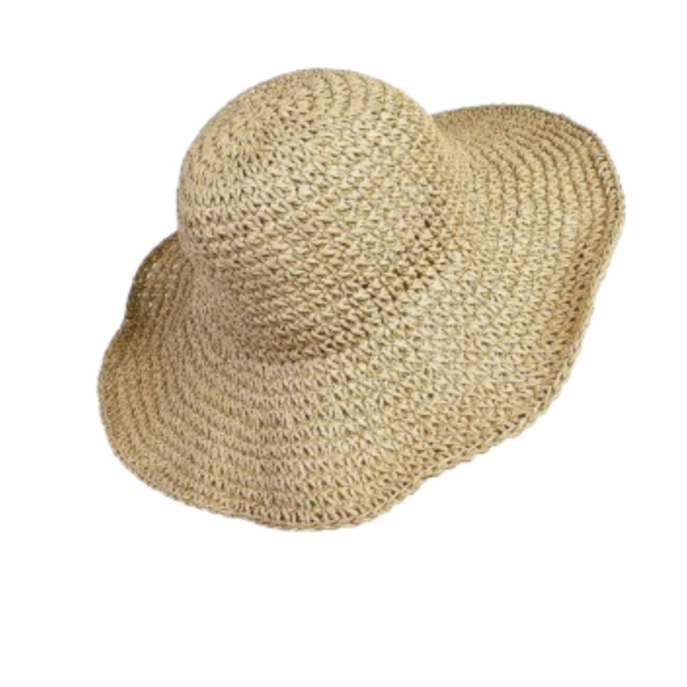 Wide Brim Foldable Beige Straw Sun Hat